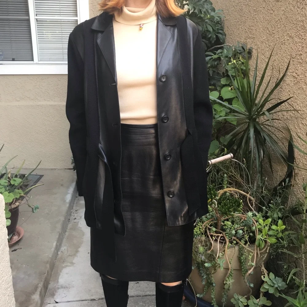 Vintage Positano black genuine leather midi skirt
